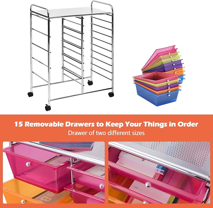 DORTALA 15-Drawer Rolling Storage Cart with Drawers, Rolling Utility Cart w/Removable Drawers & Universal Wheels, Tools Scrapbook Paper Organizer for School, Office, Home, Classroom (Rainbow) - Image 5