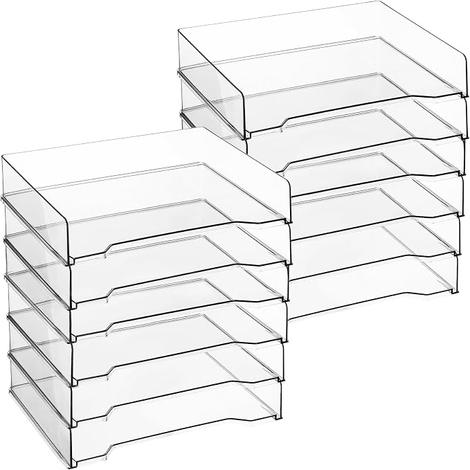 DoubleFill 12 Pcs Stackable Letter Tray Rectangular Plastic Desk Organizer 13 x 9.5 x 2.6 in Paper Holder File Tray Accessories Rack for Desktop Office Desk Drawers (Clear) by DoubleFill