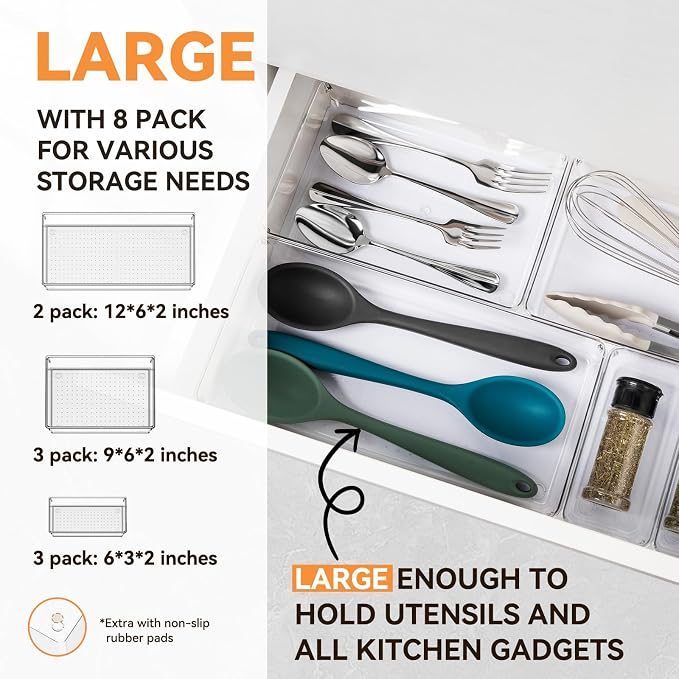 8 Pack Drawer Organizer for Kitchen Gadgets, Large Clear Plastic Drawer Divider for Kitchen Accessories, Bathroom Organizers and Storage, Home Essentials for Makeup and Vanity Accessories - Image 2
