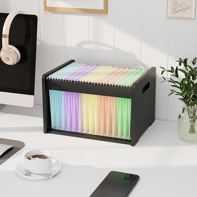 Bamboo Hanging File Organizer, Desktop File Box, Open Top, 1 Pack, Black | Open-Top Access, 2 Hanging Folders Included, Letter & Legal Files, Sliding Rails, Reinforced Handles, Easy Assembly by LONTAI