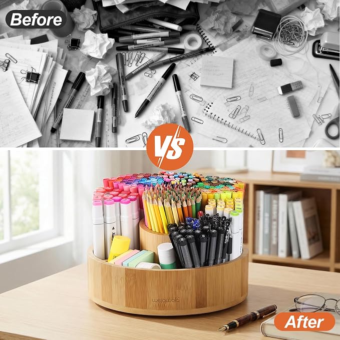 Marker Organizer Rotating Bamboo Desk Organizer, Silent 360° Rotation Caddy, 10 INCH LARGE Art Supply Caddy Holds 140+ Markers, 750+ Pencils for Home Office, Classroom, Birthday Gift, 10 Compartment - Image 4