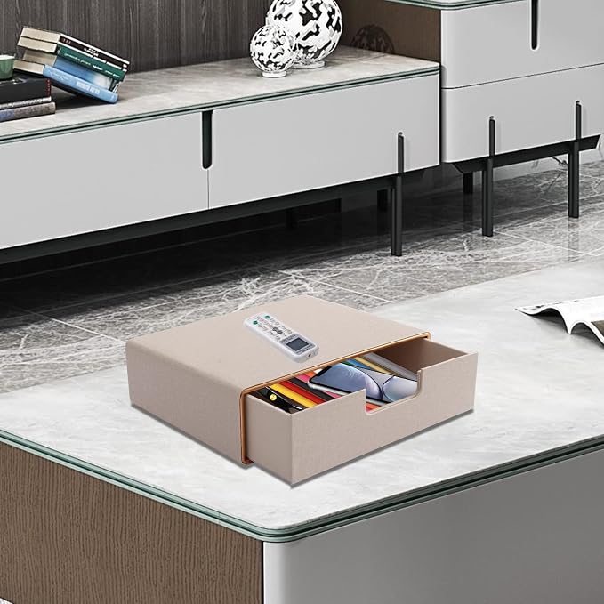 Stackable Drawer Organizer PU Leather Classic Handmade,Organize Home Office Desk Accessories and Sort Letter-Size Paper/a4 Document,Desk Caddy with Drawers Storage Box,13.1x10x3.7inches,Beige - Image 2