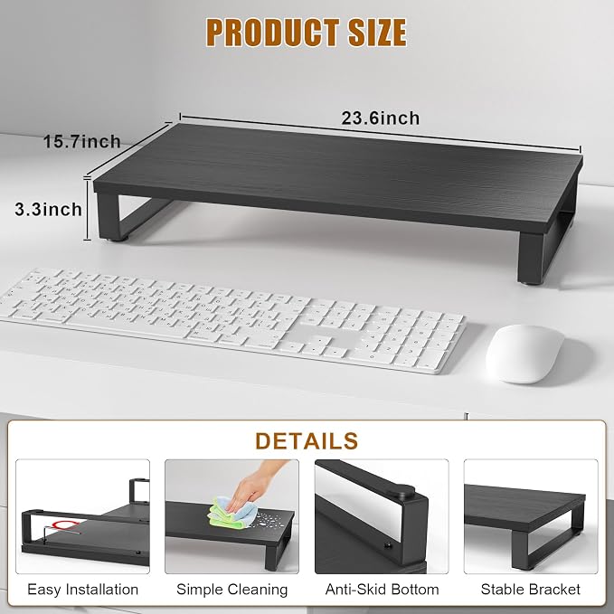 XINYAO Wood Monitor Stand Riser for Desk, 24x12x3 inch, Black | Sturdy wooden & steel computer monitor riser; ergonomic height reduces neck strain; Organizer for Office Laptop, PC, Printer - Image 2