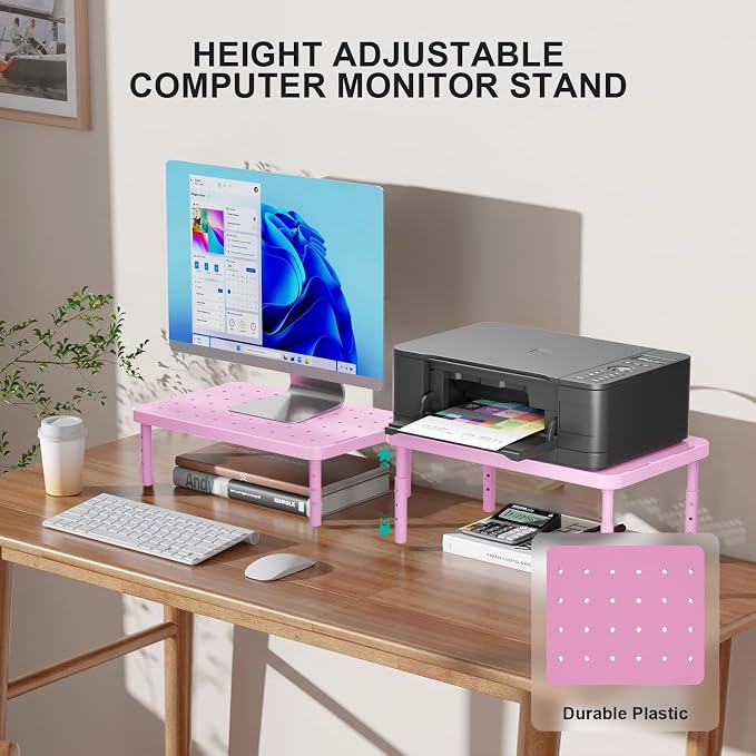 WALI Computer Monitor Stand for Desk, Adjustable Laptop Riser, up to 44 lbs | Desk Monitor Riser Underneath Storage, Fits Notebook, Laptops, Printers, for Home, Office, School (PTT001-P),1 Pack, Pink - Image 2