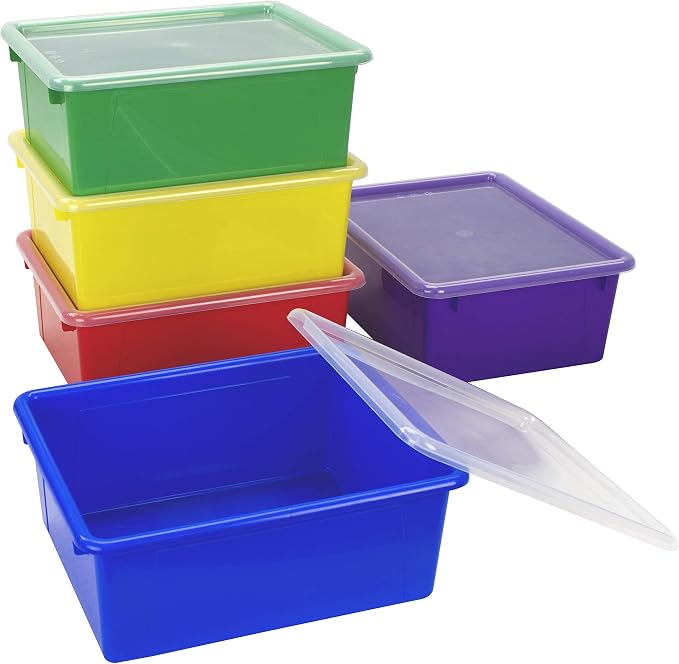 Storex Letter Size Deep Storage Tray – Organizer Bin with Non-Snap Lid for Classroom, Office and Home, Assorted Colors, 5-Pack (62542A05C) - Image 3