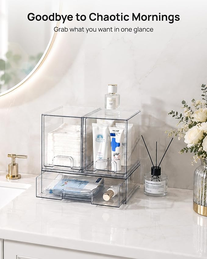 Vtopmart Stackable Storage Drawers Set of 3, Clear Plastic Organizer Bins for Bathroom Supplies, Ideal for Cabinet,Shelf, Pantry, Laundry Room Organization - Image 3