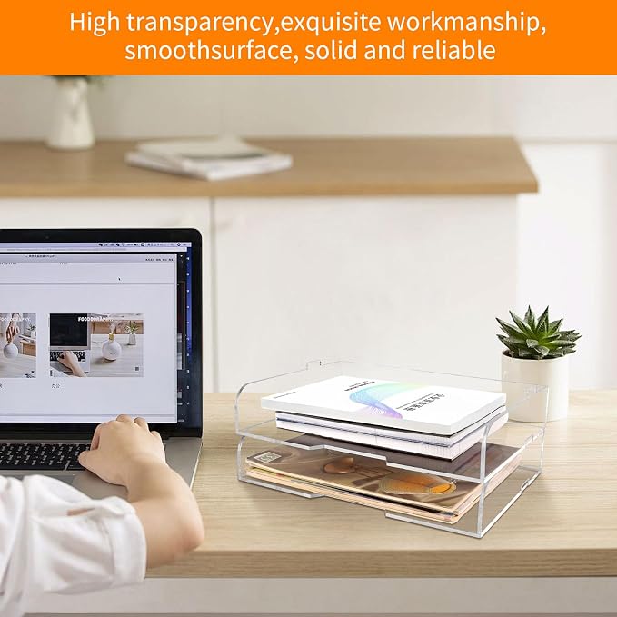 2 Pack- Stackable Paper Letter Tray,Clear Acrylic Magazine Holder and File Organizer - Sleek Desk Organizer for Home Office, Bookshelf, or Workspace - Space-Saving Transparent Document Holder - Image 4