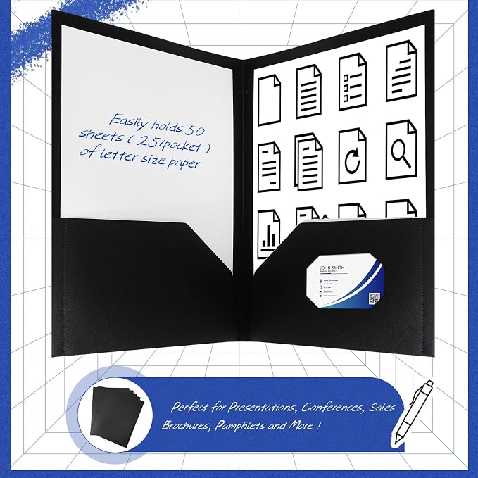 Patelai 50 Pack Plastic Folders with Pocket Bulk 2 Pocket Heavy Duty Letter Size Folders Business Card Holder for School Office File(Black Color) - Image 3