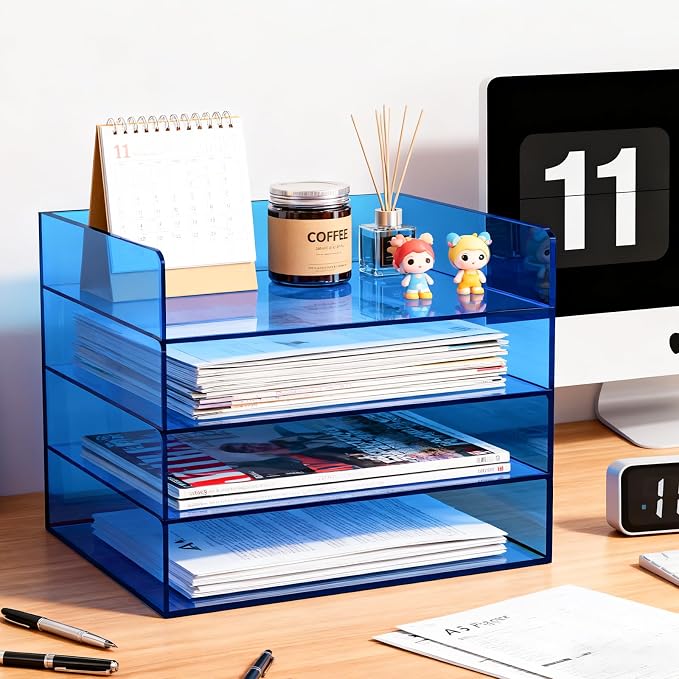 Gelite Acrylic File Organizer for Desk 4 Tiered Stackable Letter Tray Office Paper Storage Desktop Document Sorter, Blue - Image 4
