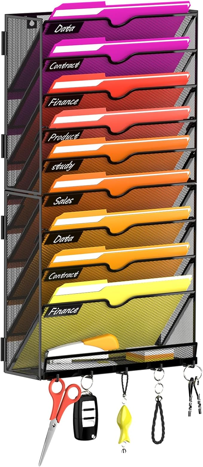 10-Tier Wall File Organizer with Base and Hooks, Hanging Organizer, Black | Wall Organizer and Wall File Holder with 10 Vertical Pockets and Bottom Tray for Files, Mail, Folders, Magazines and Paper by JMHUD
