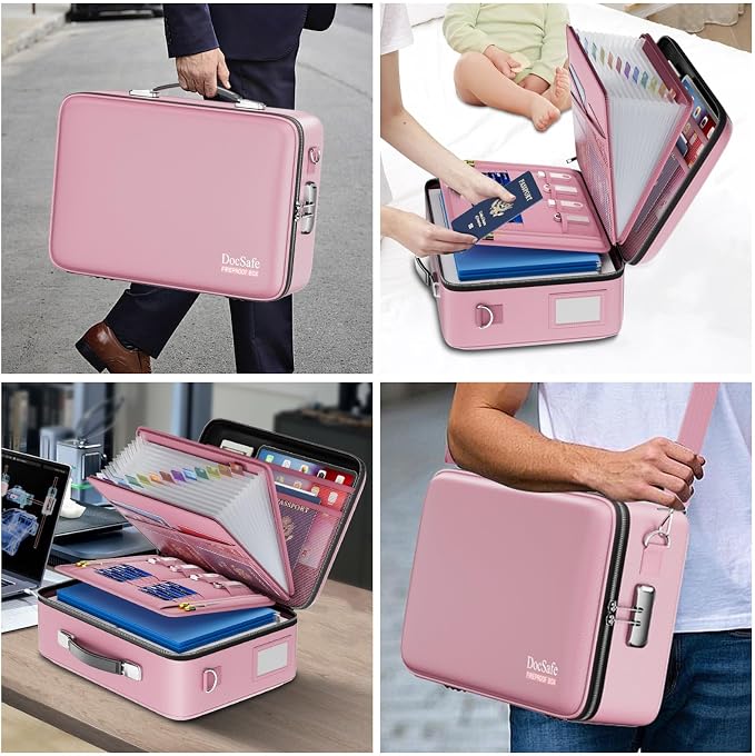 DocSafe Fireproof Document Box with Lock＆Shoulder Strap,Hard Case File Organizer with Accordion File Folder,Multi-Layer Portable Home Office Travel Safe Storage for Important Documents Laptop Pink - Image 8