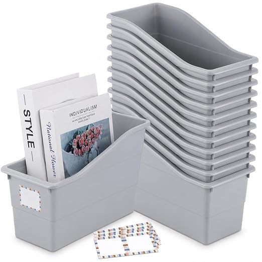 12 Pack Large Book Bins, Durable Magazine Organizer File Holder Quality Plastic Book Storage Bins with Labels for Classroom Library, Office, Desktop Organization, Bookshelf Categorization (Grey) by gisgfim
