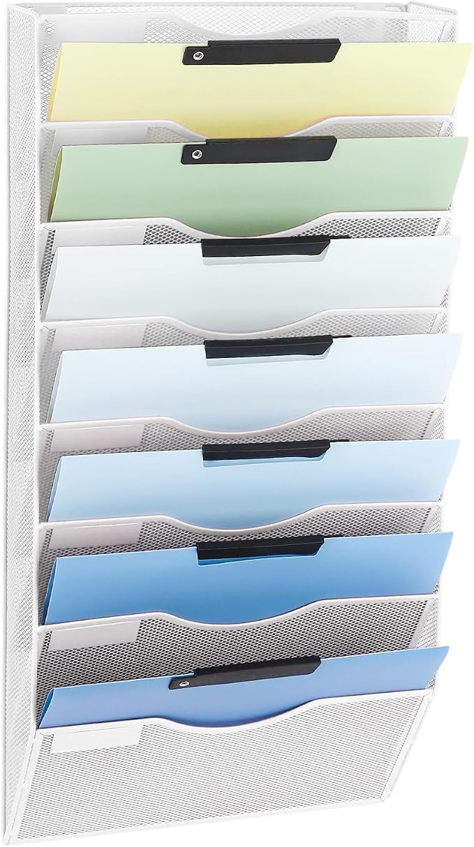 8 Pocket Mesh Hanging Wall File Organizer, Wall Mounted Mail Paper Document Folder Holder, Clipboard Storage Organization Magazine Rack with Nametag Label for Office Home School, White by EASEPRES