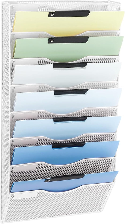 8 Pocket Mesh Hanging Wall File Organizer, Wall Mounted Mail Paper Document Folder Holder, Clipboard Storage Organization Magazine Rack with Nametag Label for Office Home School, White by EASEPRES