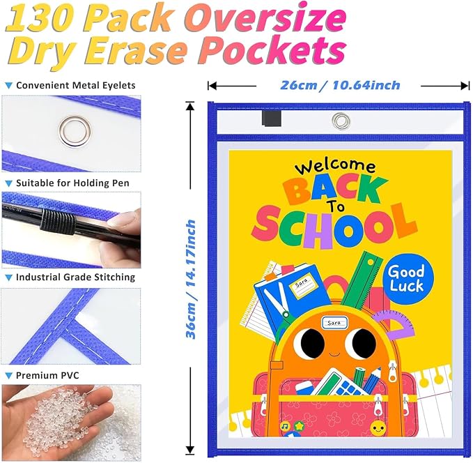 130 Packs Dry-Erase Pockets Bulk Oversized Reusable Dry Erase Pocket Sleeves with 7 Rings, 20 Assorted Colors 10x14 Ticket Holders, Clear Plastic Sheet Protectors, Teacher School Classroom Supplies - Image 2