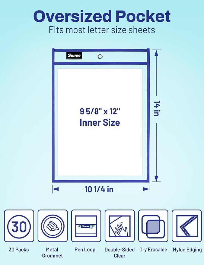 SUNEE 30 Packs Oversized Reusable Dry Erase Pocket Sleeves with 2 Rings, 10 Assorted Colors 10x14 Ticket Holders, Clear Plastic Sheet Protectors, Teacher School Classroom Supplies - Image 2