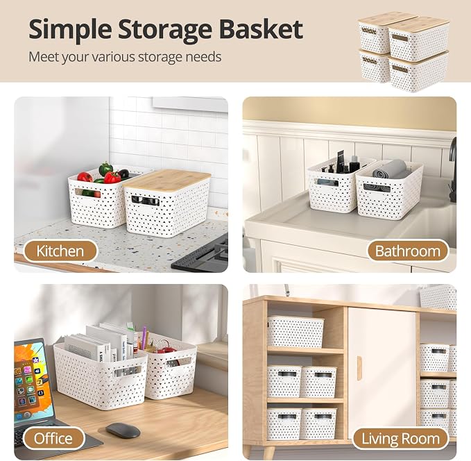 Plastic Storage Bins with Bamboo Lids, Stackable Small Box Baskets for Organizing and Containers for Shelves Drawers Desktop Closet Pantry Classroom Office Home, 4 Pack 12x7.3x6.2 Inch, White - Image 4