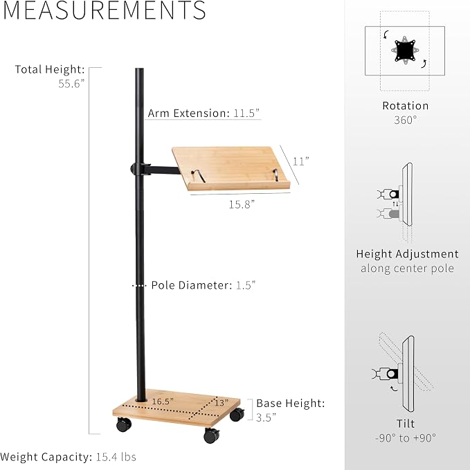 VIVO Mobile 16 inch Mobile Podium Reading Stand, Portable Rolling Book Holder, Real Bamboo Surfaces and Black Pole, CART-BK01B - Image 3