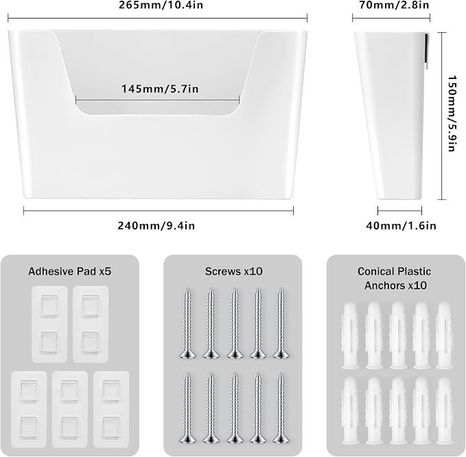 JOMOLA No Drilling File Holder 5 Pack Mail Organizer Wall Mount File Organizer Holder Office Wall Hanging Files Magazines Organizer Plastic Door Mount Wall Pocket with Adhesive Pad, White Color - Image 2