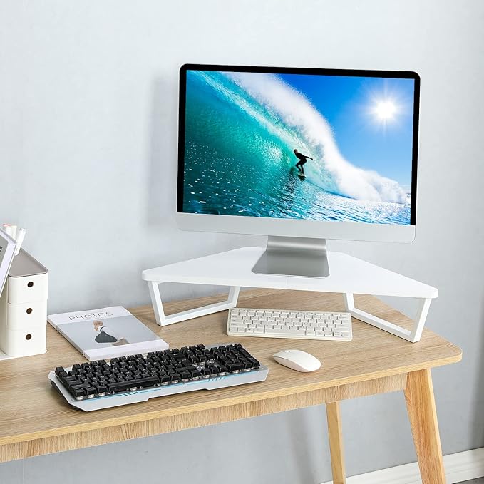 TEAMIX 26 inch White Triangle Monitor Stand Riser, Desktop Corner Shelf with Metal Leg Wood Computer Stand with Storage Laptop Riser Office Organization | Triangle Monitor Stand, Wood & Metal Computer Stand, Laptop Riser, Desktop Organizer, for L Shape... - Image 2