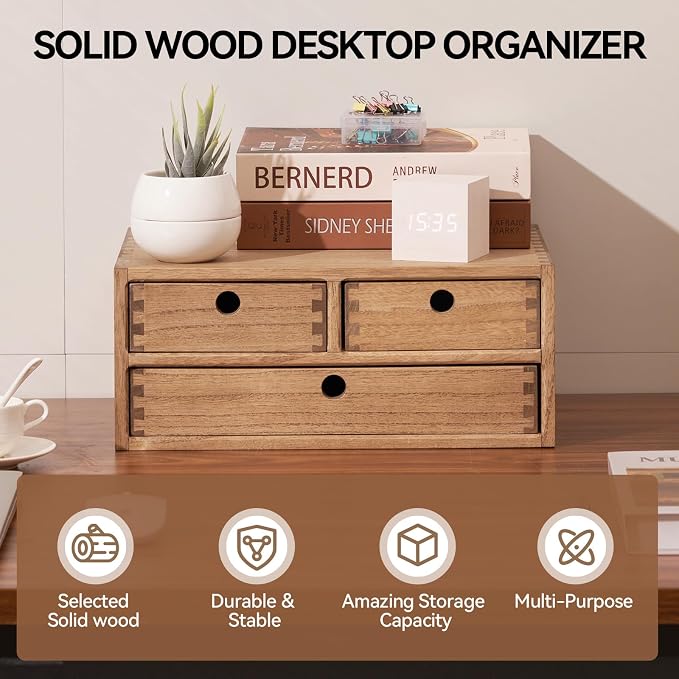 KIRIGEN Wood Desk Organizer with 3 Drawers, Desktop Storage Brown 23-DBR | Wooden Desktop Drawer Hold A4 Papers, Stationery, Jewelry, and Makeup, Fully Assembled for Home Office - Image 3
