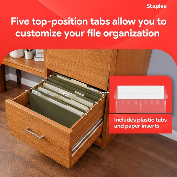 Staples Reinforced Box-Bottom Hanging File Folders, 3" Expansion, 1/5-Cut Tab, Letter Size, Standard Green, 25/Box - Image 3