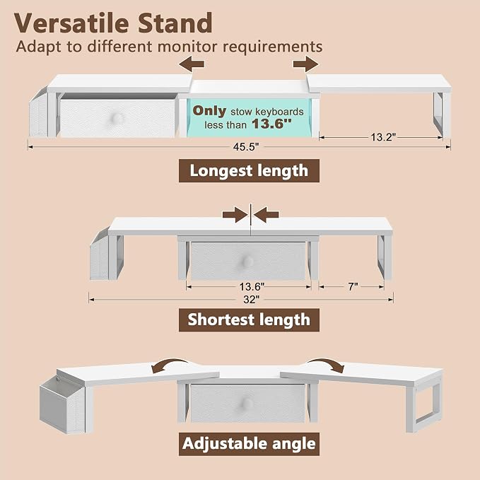 LAND·VOI Heavy Duty Dual Monitor Stand, Holds 2 Screens Up to 27 Inches, Adjustable Length and Angle Monitor Riser, Desk Organizer with Side Pockets and Drawers, Home Office Desk Storage, White - Image 4