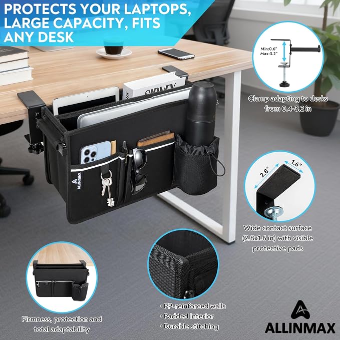 Side Desk Laptop Holder for Up to 3 Laptops, Side Desk Organizer with Adjustable Divider & Bottle Pocket, Soft-Lined Interior, Clamp Mount Side Desk Storage, Fits 0.6″-3.2″ Flat Edge - Image 3