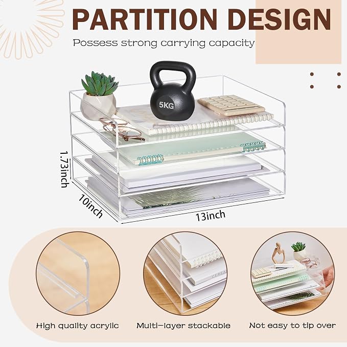Harloon 4 Tier Acrylic Paper Tray Organizer, Heavy Duty Stackable Clear Organizer for A4/Letter Paper, Acrylic File Storage for Desk, Office Workspace, No Assembly Required, 13 x 10 x 1.7 Inches - Image 2