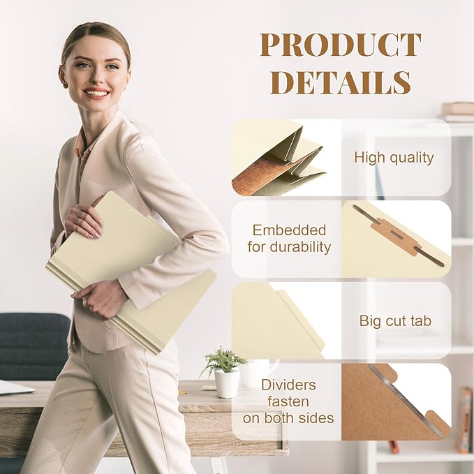 AmazingSpark 24 Pcs Classification Folders Letter Size Bulk 1 Dividers Pressboard File Folder with Expansion 2 Prongs Fastener Heavy Duty Office File Organizer for School Project Document(Beige) - Image 3