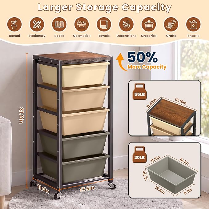Rolling Cart with 5 Drawers, Plastic Drawer Storage Carts with Wheels & Wooden Tabletop, Metal Utility Cart for Office Bedroom Living Room Classroom, Craft Organization and Storage, Brown - Image 2