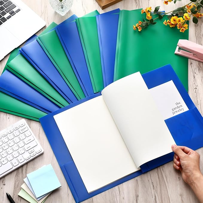Cholemy 72 Packs Pocket Folders with Prongs Heavy Duty Plastic Folder with Business Card Slot 3 Prong Fasteners for School Office (Blue,Green) - Image 4