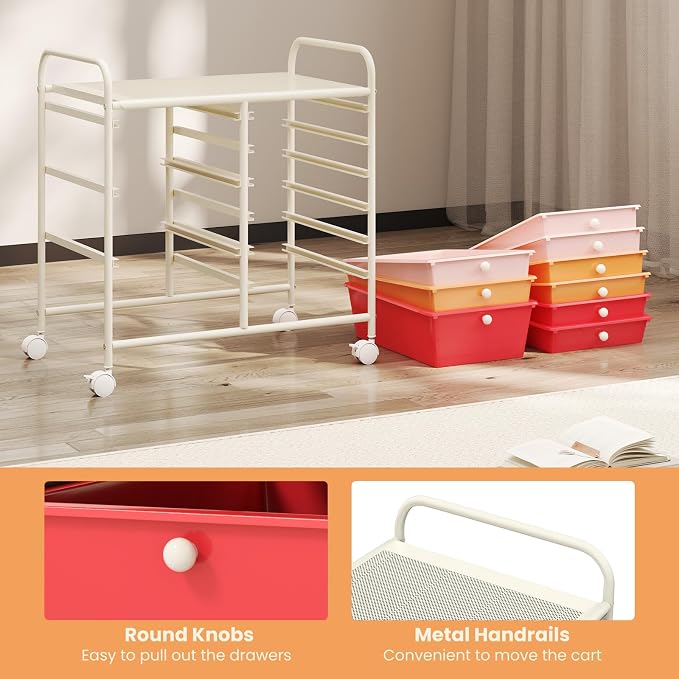 COSTWAY Rolling Storage Cart with 9 Drawer, Utility Cart with Metal Frame | Mobile Art Supply Craft Organizer, Multipurpose Storage Organizer for Paper, Office, School Teacher, Classroom, Macaron - Image 7