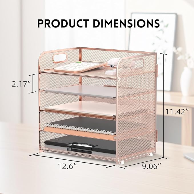 5 Trays Paper Organizer Letter Tray with Handle-Mesh Desk File Organizer, Paper Sorter Desk Organizer for Office, Home or School (Rose Gold) - Image 5