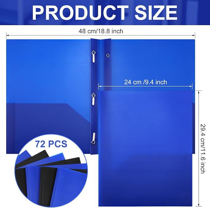 Cholemy 72 Packs Pocket Folders with Prongs Heavy Duty Plastic Folder with Business Card Slot 3 Prong Fasteners for School Office (Black,Blue) - Image 2