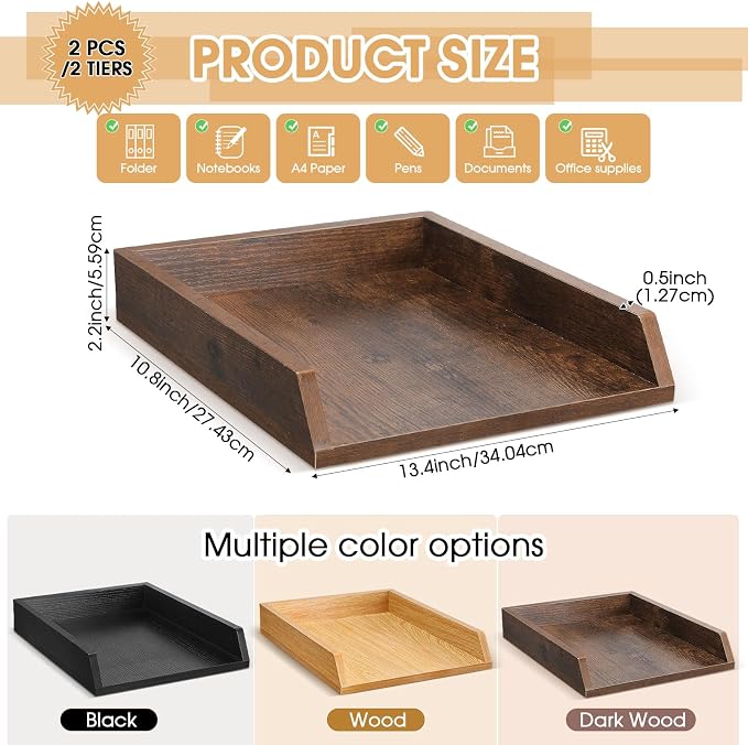 DoubleFill 2 Pcs Wooden Letter Trays 2 Tier Desktop Paper Organizer Wood Letter-Size Desk Document Tray Heavy Duty Stackable Paper Drawer Holder File Folder Back to School Office Home (Dark Wood) - Image 2