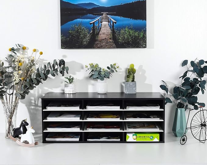 Mail Sorter, Wood Countertop Literature Organizer, Student Mailbox for Classroom, Desktop Bill Paper Organizer for Office Home School, 12 Compartments, Black & White - Image 3