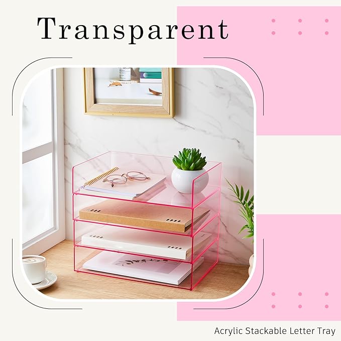 Harloon 4 Tier Paper Organizer Letter Tray Pink Acrylic Desk File Organizer Heavy Duty Stackable Documents Clear Letter Paper Holder Office Tray for A4, Office Classroom Home File Pad Notebooks - Image 5