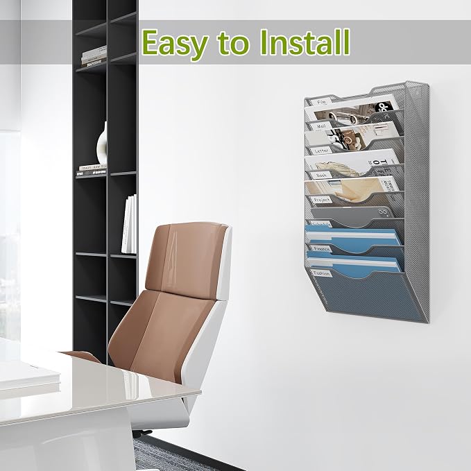 EasyPAG 8 Pocket Mesh Wall File Organizer, Hanging Paper Folder Holder with Classify Label, Vertical Wall Mount Mail Organizer for Office Home Classroom, Silver - Image 6