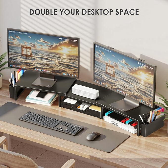 Desk Organizers and Accessories, Dual Monitor Stand Riser with Drawer and 2 Pen Holders, Desk Shelf Computer Racks for Office Workspace Organizers, Desktop Organization (Black) - Image 4