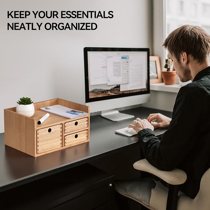KIRIGEN Wooden Desk Organizer with 3 Drawers and Top Tray Natural DT1D3C-NA | 3-Drawer Cabinet with Top Tray Stores Office Supplies, Toiletries, Tools, Crafts, and Small Accessories on Desks or Counters - Image 5