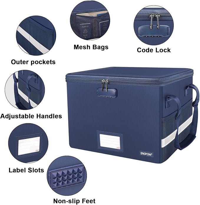 ENGPOW File Box with Lock, Fireproof Document Box with Zipper＆Pockets, Collapsible File Organizer Filing Storage Cabinet with Handle, Portable Home Office Safe for Hanging Letter/Legal Folder, Blue - Image 4