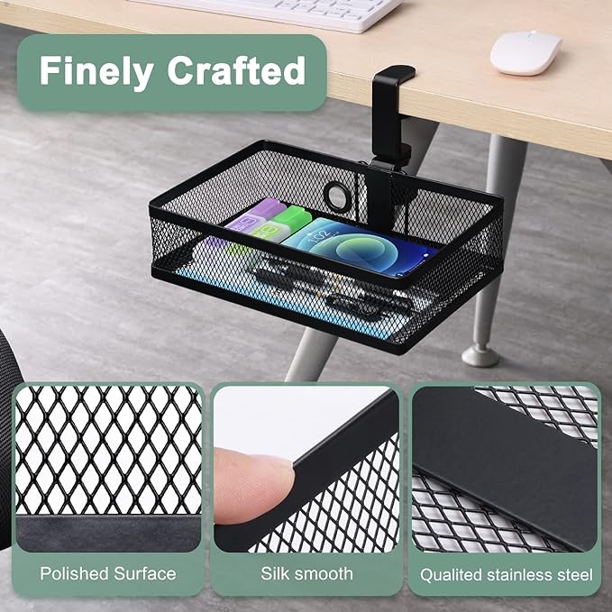 ROSYLINE Under Desk Storage Basket Hanging Drawer Tray, Clamp On Organizer | hickened C-Clamp, High Load No Deformation Sag-Proof, Steel Construction, Clip-On No Drill Mount, Office & Household Storage - Image 5