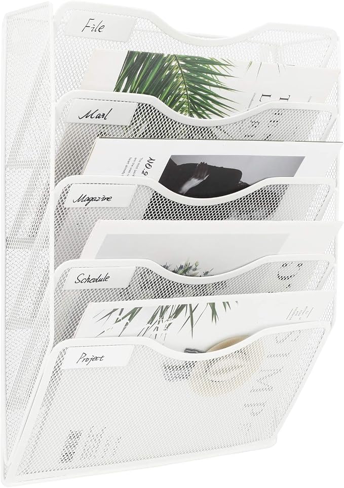 EasyPAG Wall File Organizer 5 Tier Hanging Paper Folder Holder, Zero Assembly Metal Mesh Wall Mounted Mail Organizer for Office Home Classroom Narrow Spaces, White by EasyPAG
