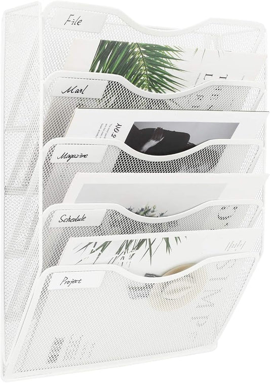 EasyPAG Wall File Organizer 5 Tier Hanging Paper Folder Holder, Zero Assembly Metal Mesh Wall Mounted Mail Organizer for Office Home Classroom Narrow Spaces, White by EasyPAG