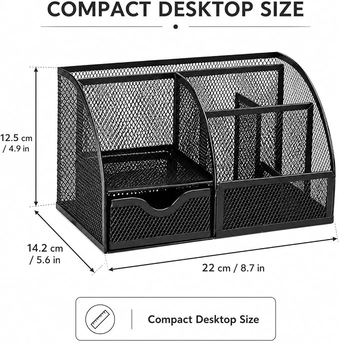 Exerz Desk Organizer 7 Compartment Pencil Holder Office Tidy Caddy Black | Metal Mesh Caddy for Pens Notes Paper Clips and Small Desk Items Compact Stylish for Home Office Study - Image 2