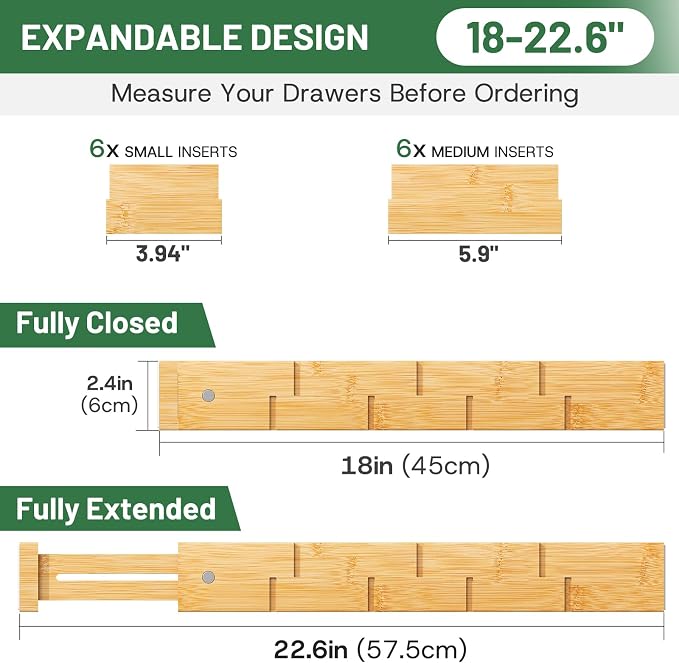 kiplant Bamboo Drawer Dividers - Adjustable Drawer Dividers for Kitchen, Clothes, Closet & Office - 6 Pack with Inserts, 18-22.6 Inches, Non-Slip Silicone Ends - Image 3