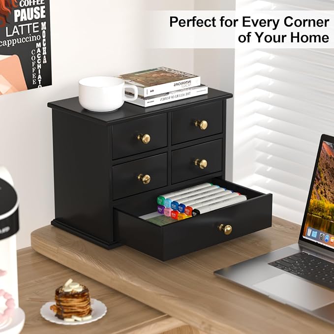 Oak Desk Organizer with Drawers, Durable Wooden Desktop Storage Box | 5 Drawer Tabletop Organizer with Metal Handles & Non-Slip Pads for Office, Bedroom, Bathroom, Vanity & Makeup Storage, Black - Image 4