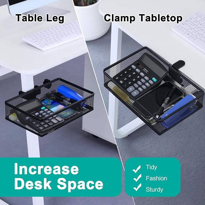 Under Desk Drawer, Clamp on Desk Organizer Under Table Hanging Desk Storage | 2 ways to clamp on: desk side or leg. Under desk organizer, clamp on desk drawer, basket hanging under table shelf, no-drill - Image 2