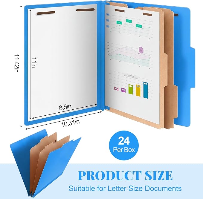 AmazingSpark 24 Pcs Classification Folder Letter Size Bulk 2 Divider Pressboard File Folder with Expansion 2 Prong Fastener Heavy Duty Office File Organizer for School Medical Document(Business Blue) - Image 2